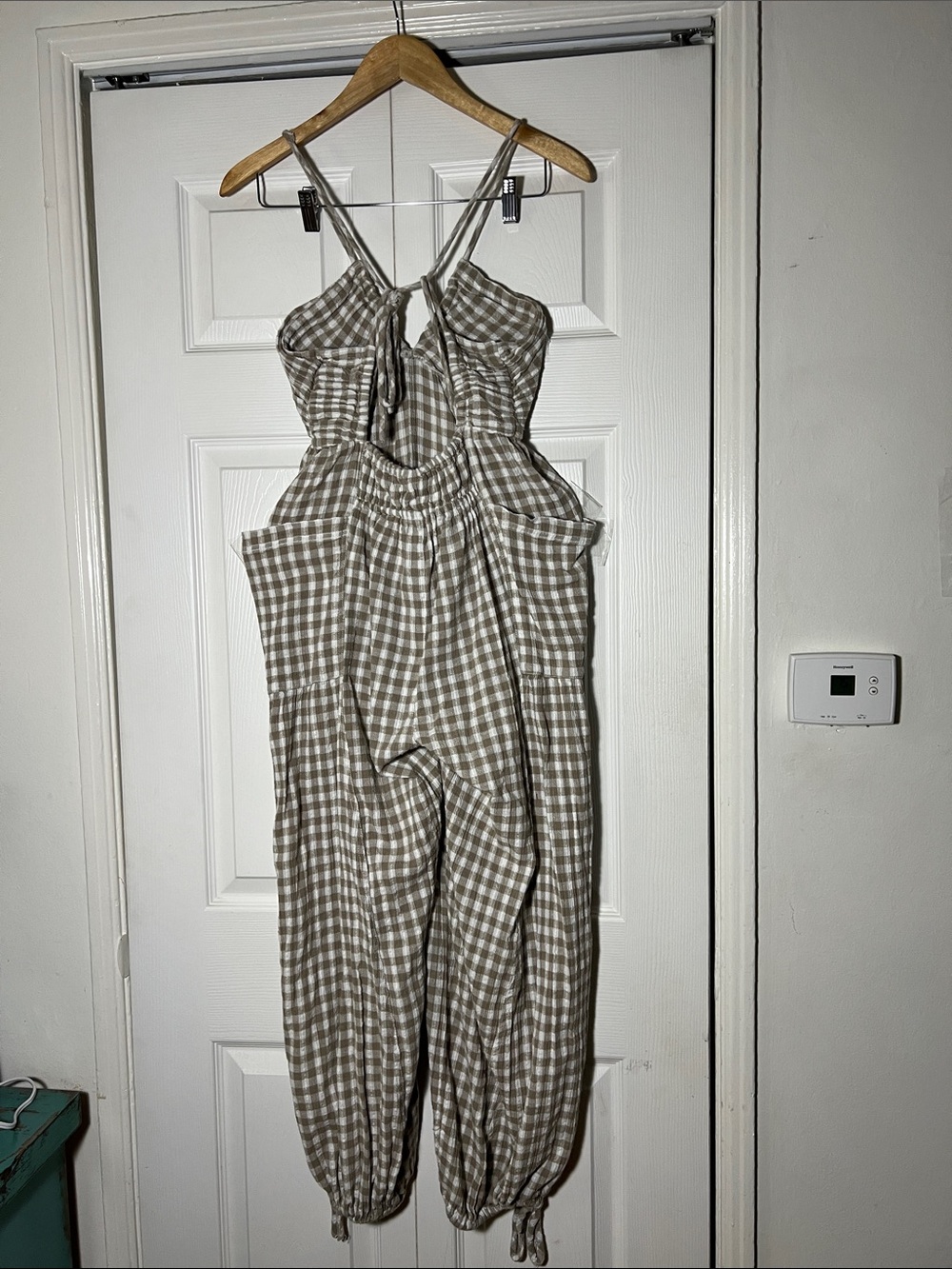 Free People Sundaze For Surfing Jumpsuit Vintage Khaki Gingham Plaid - Picture 5 of 8